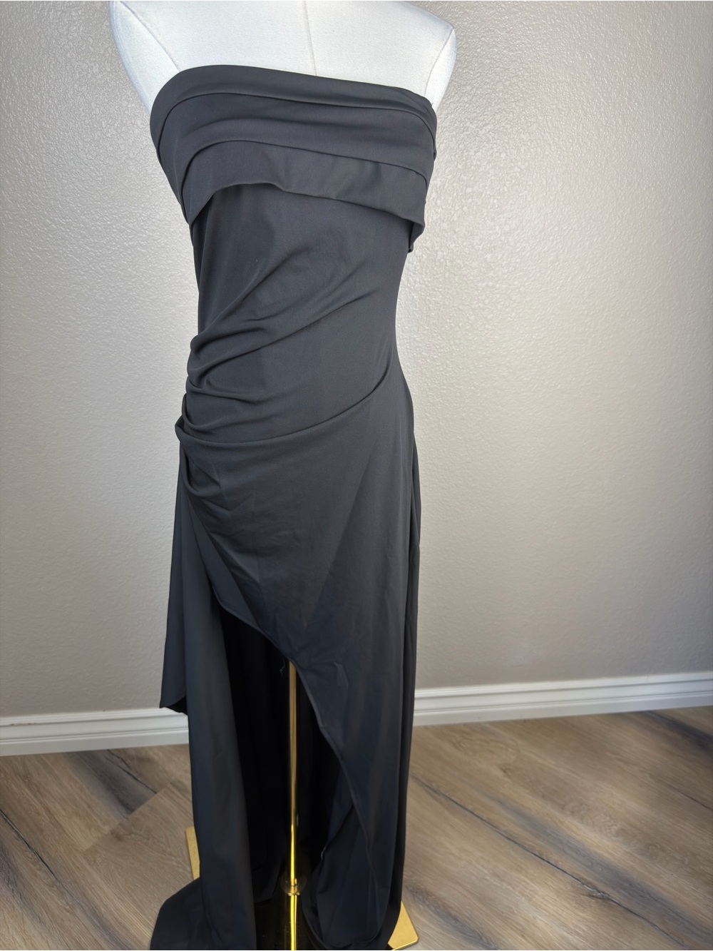 NWOT Strapless Black Ruched High-Low Evening Dress, medium